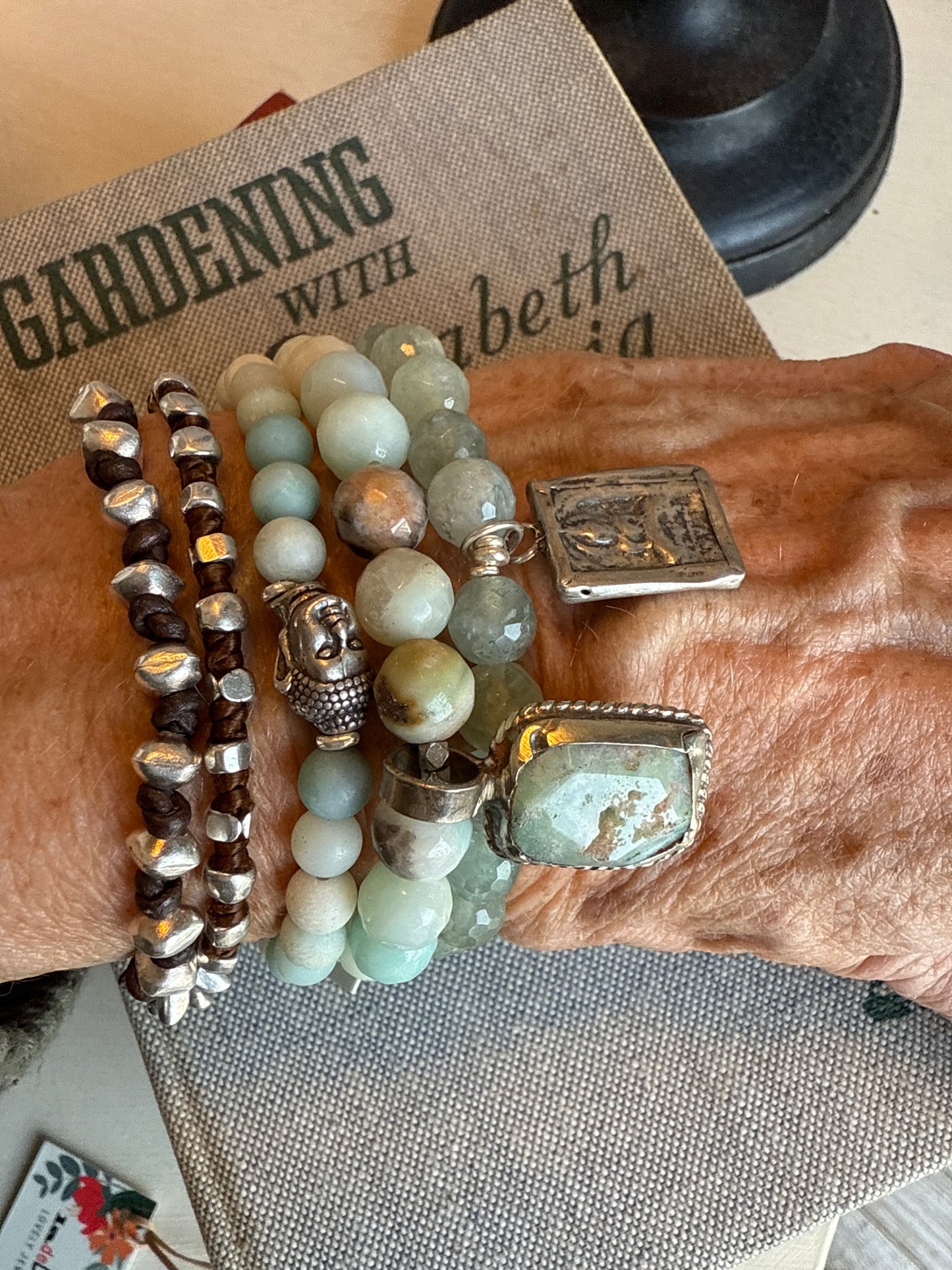 Faceted Amazonite beads with an Amazonite dangle stack bracelet. 6.5”