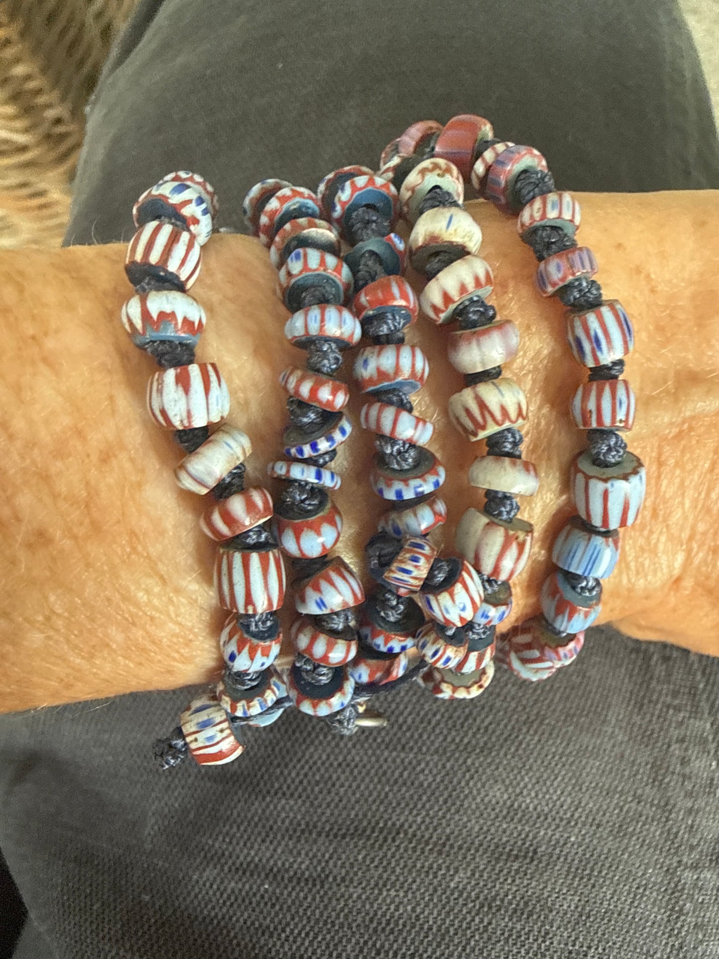 Lapis lazuli pendant (Tibet) with hand knotted blue terracotta chevron beads long necklace.