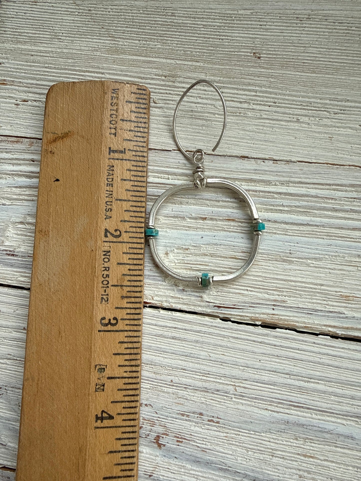 Segmented fine silver hoops with turquoise earrings.