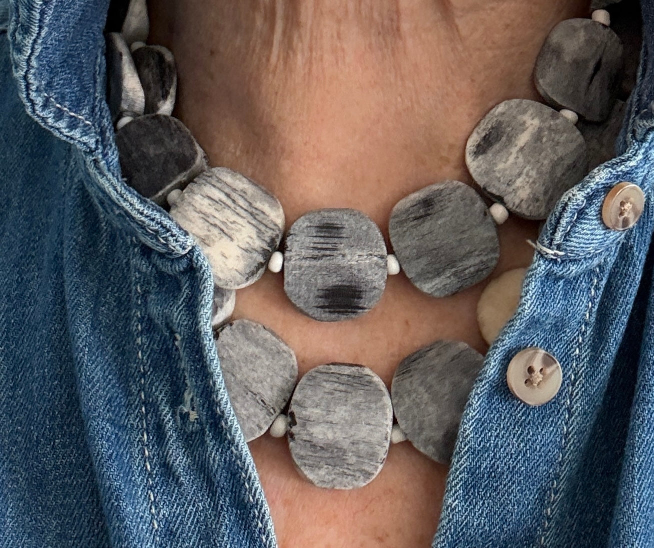 Dark grey bone coin long necklace with fine silver toggle. 35.75”