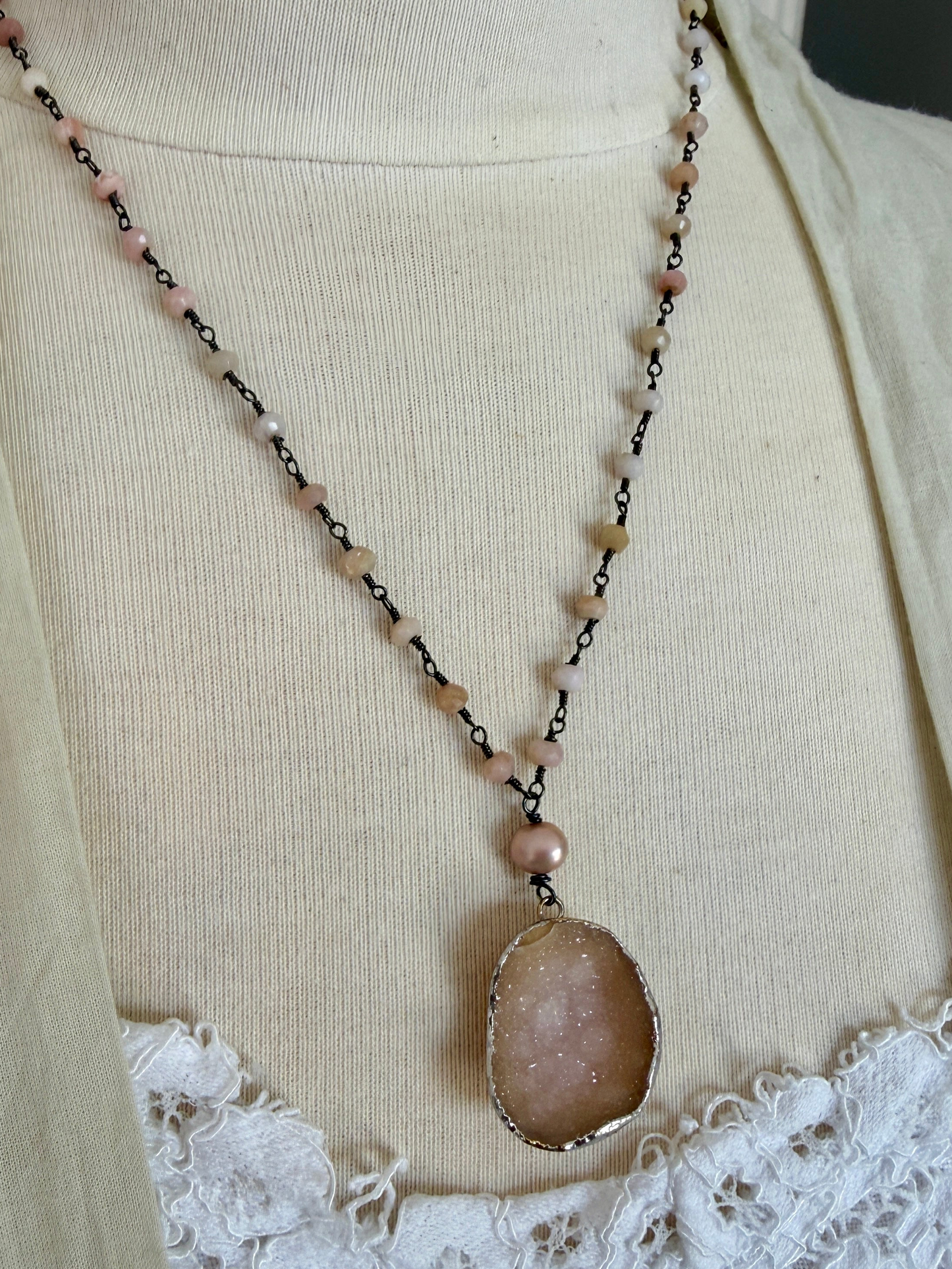 Pink druzie on faceted pink Opal wire wrapped chain adjustable necklace. 19-20”