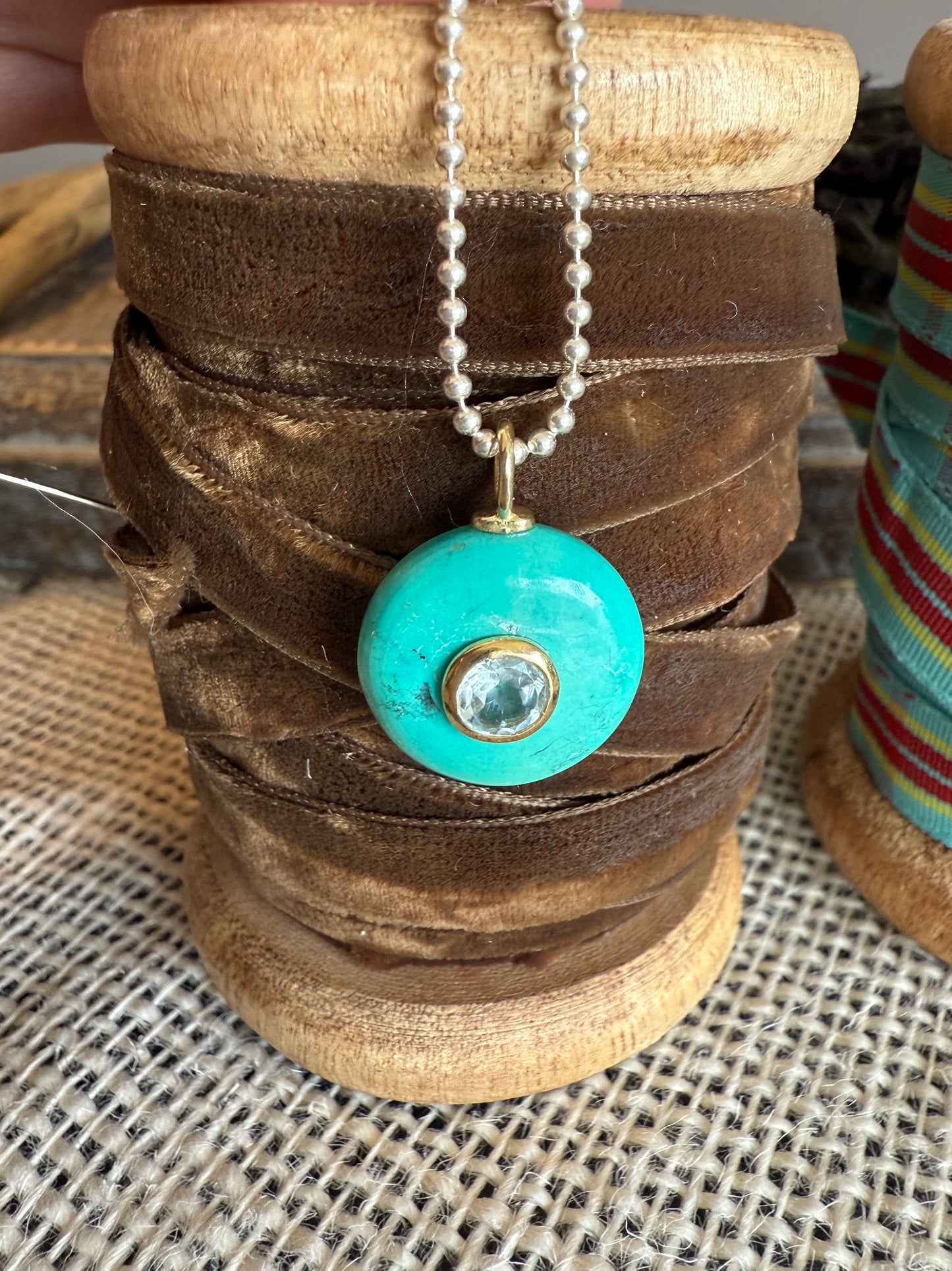 Turquoise with blue topaz on sterling ball chain necklace. 18”