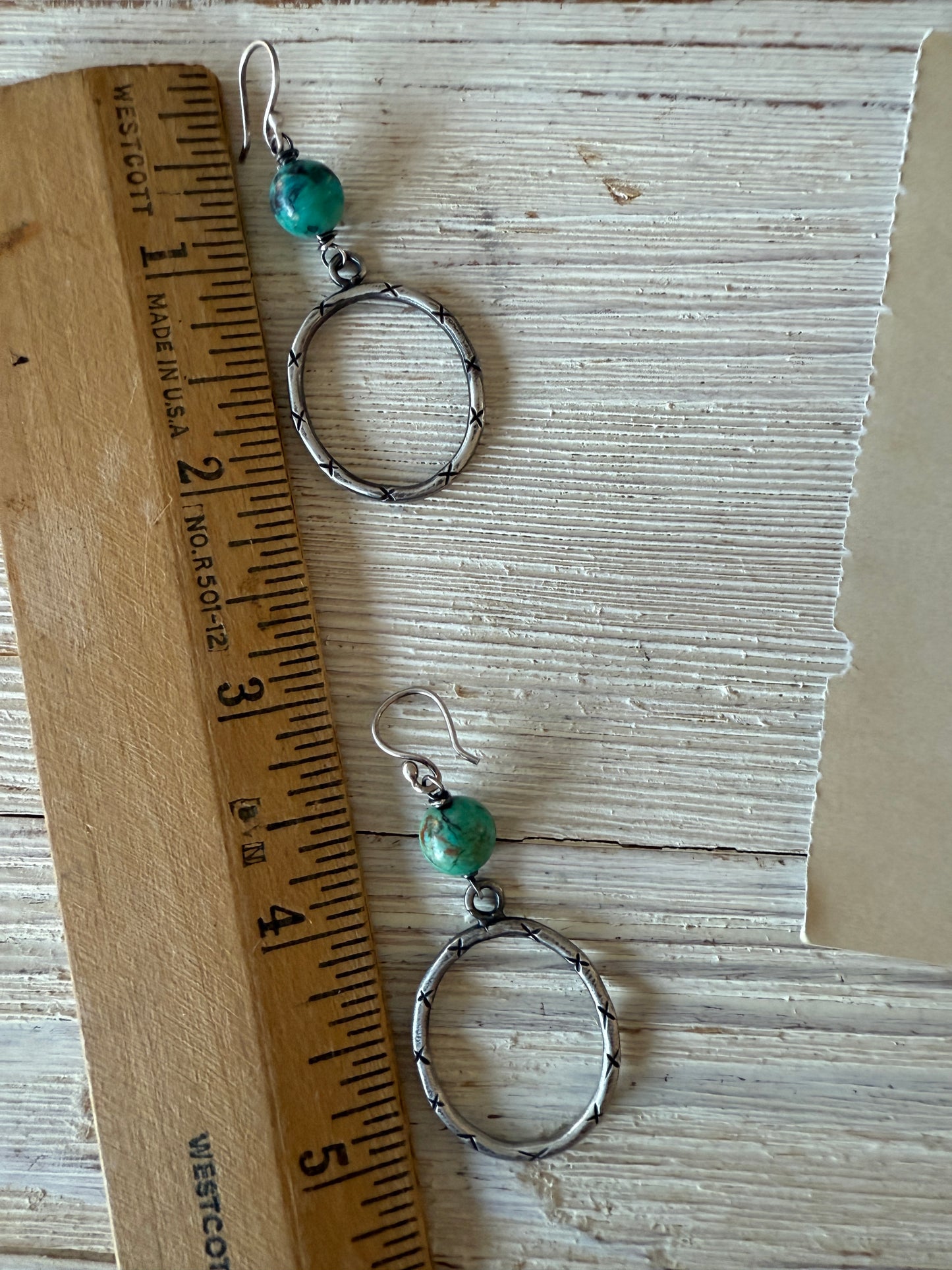Handmade fine silver hoop earrings with turquoise