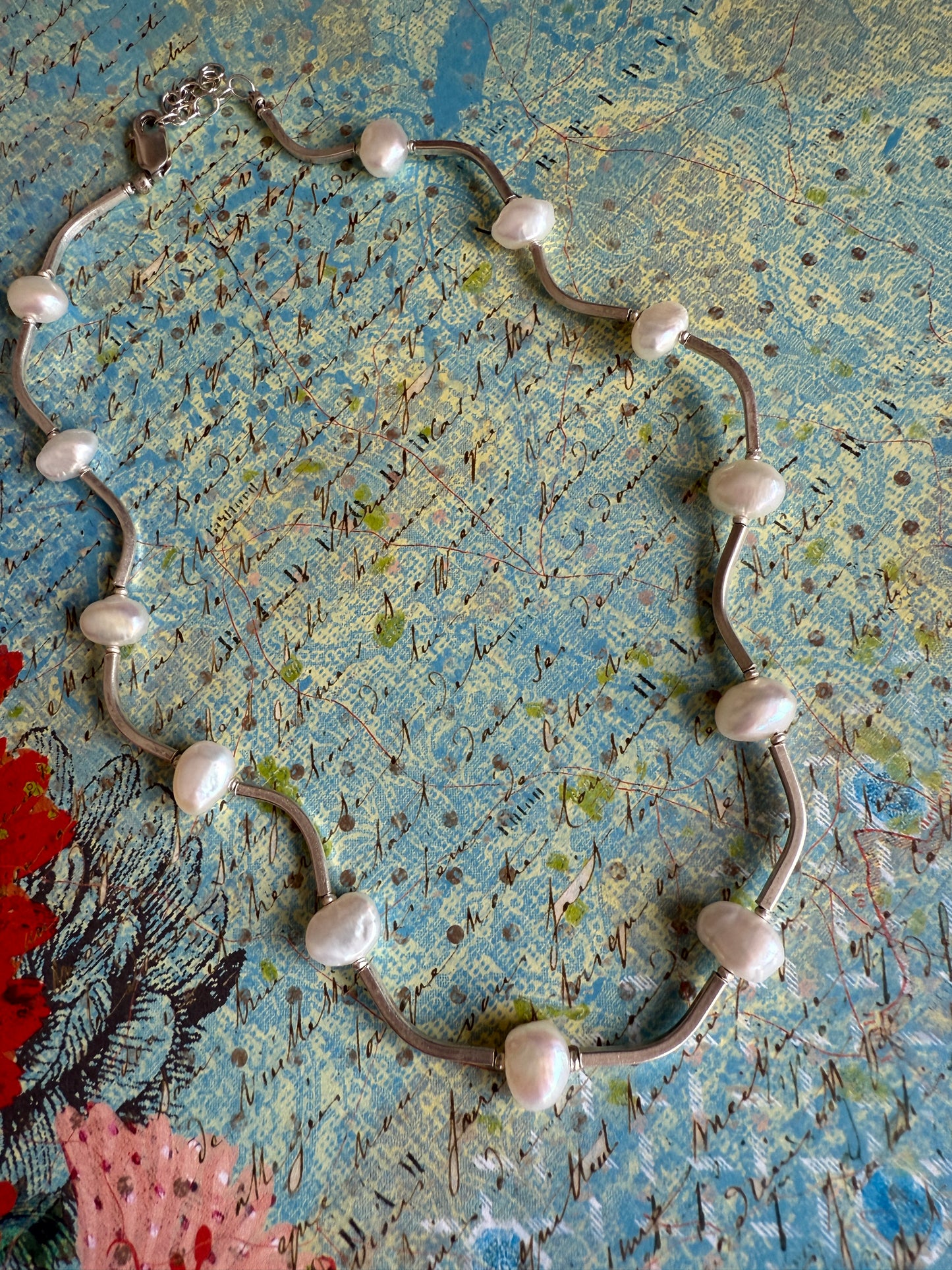 Fine silver noodle and pearl necklace.15.25-17”