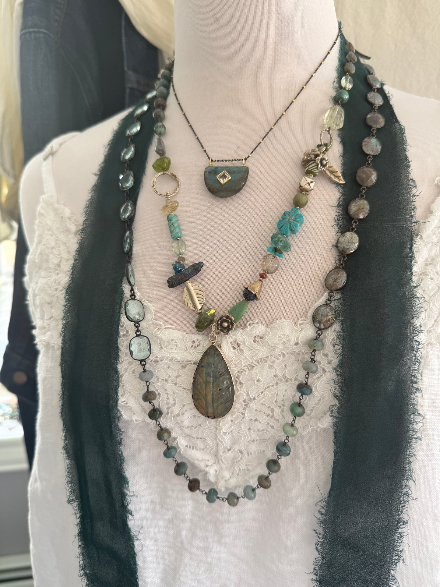 Labradorite half moon pendant with topaz on vermeil and sterling chain. 15.25-16.75”.