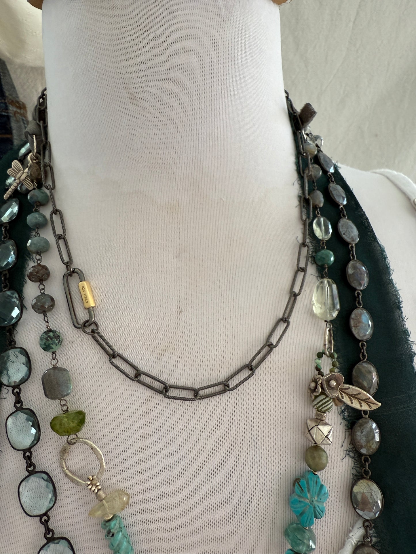 Rhodium sterling paperclip chain and carabiner clasp with turquoise and topaz, heart, and moon charms necklace.