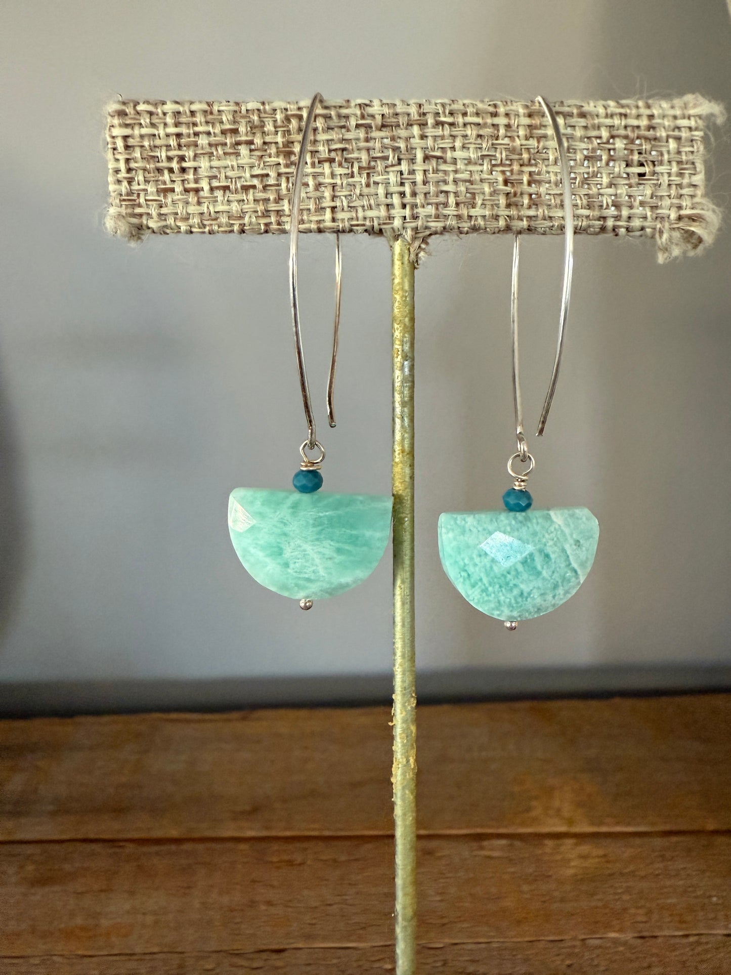 Amazonite half moon drop earrings with apatite.
