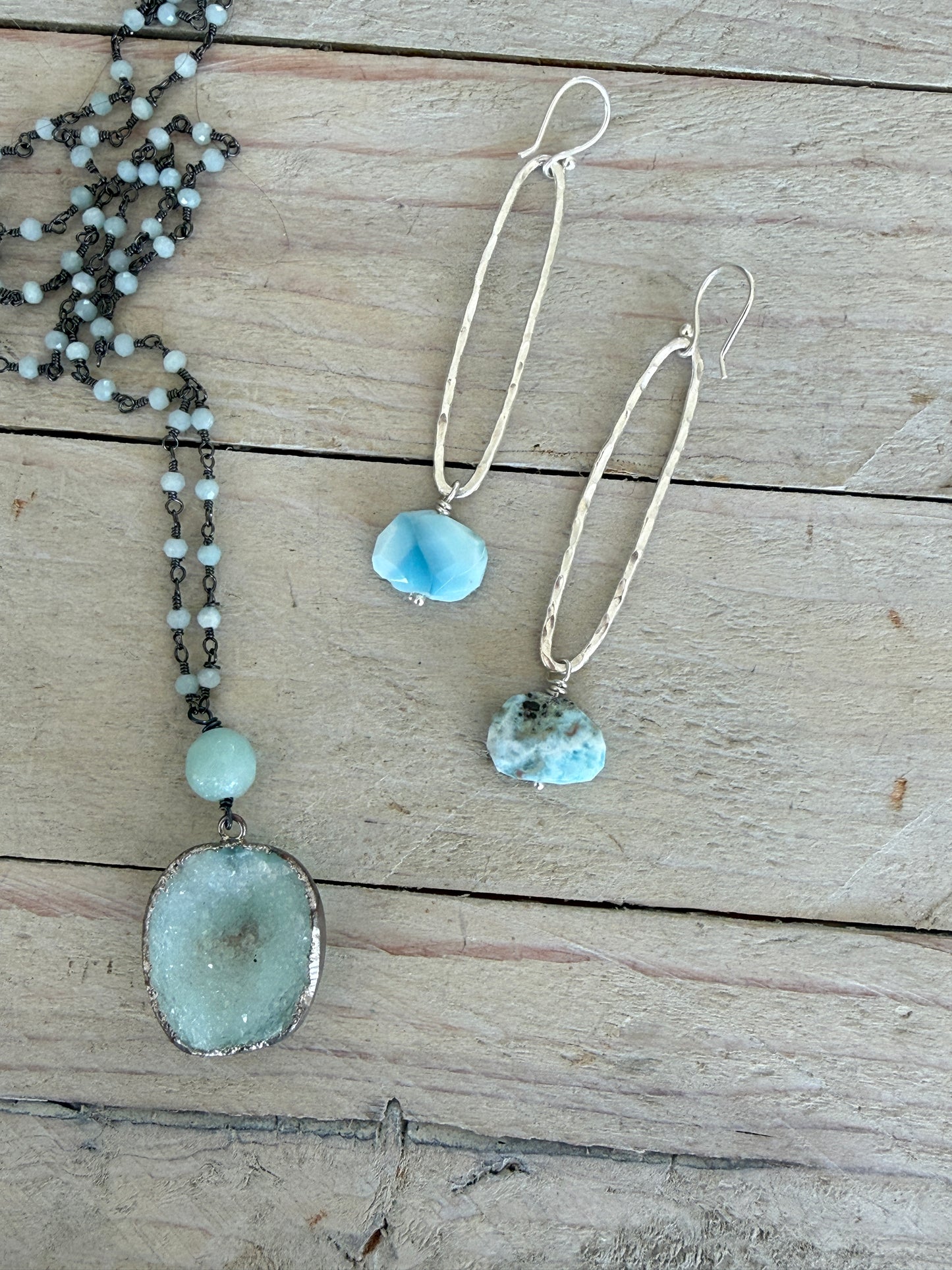 Aqua druzie pendant on Amazonite chain necklace. 32”