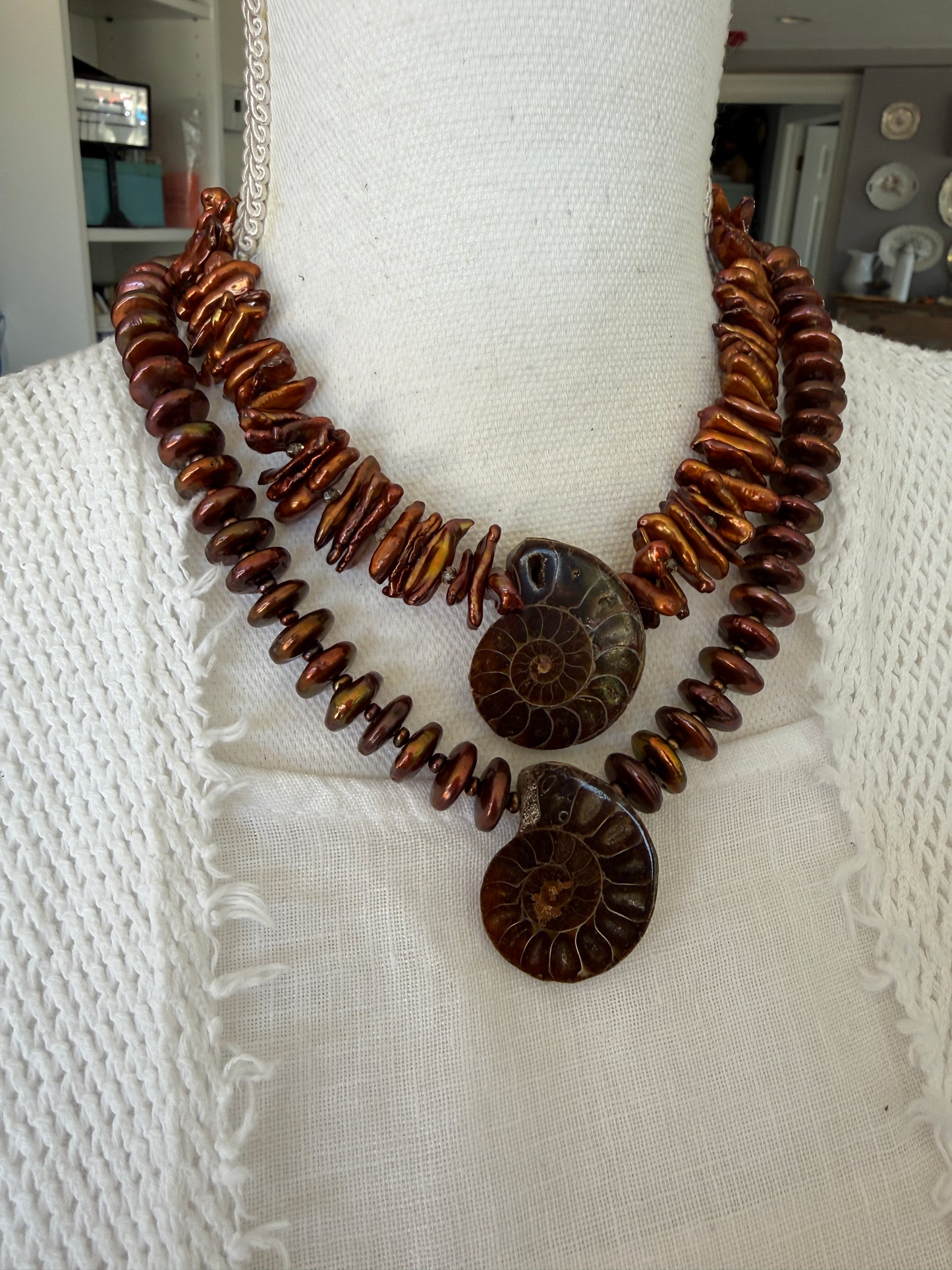 Brown stick pearls with smoky quartz and natural ammonite pendant necklace.