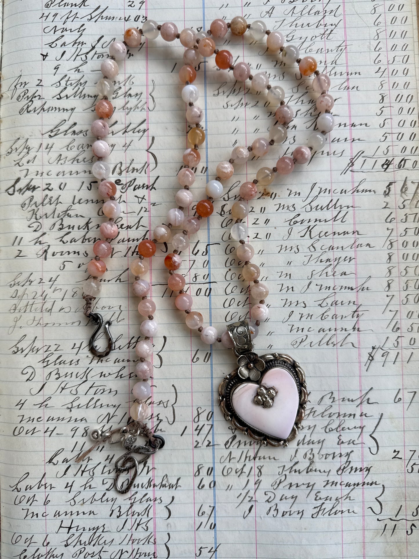 Cherry blossom agates hand knotted necklace with Peruvian Opal Tibetan heart pendant. 32.5-35.5”.
