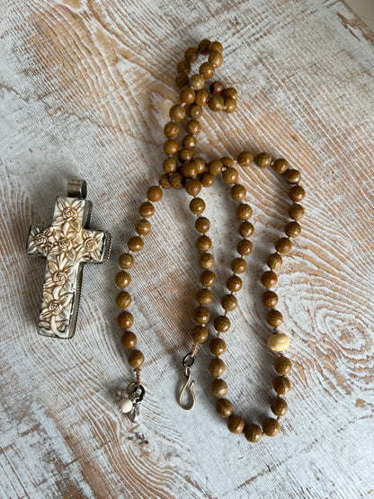 Carved Tibetan cross on wood agates, hand knotted long necklace.