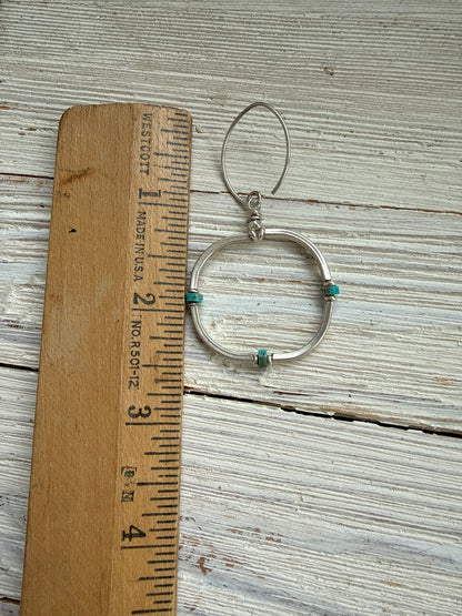 Segmented fine silver hoops with turquoise earrings.