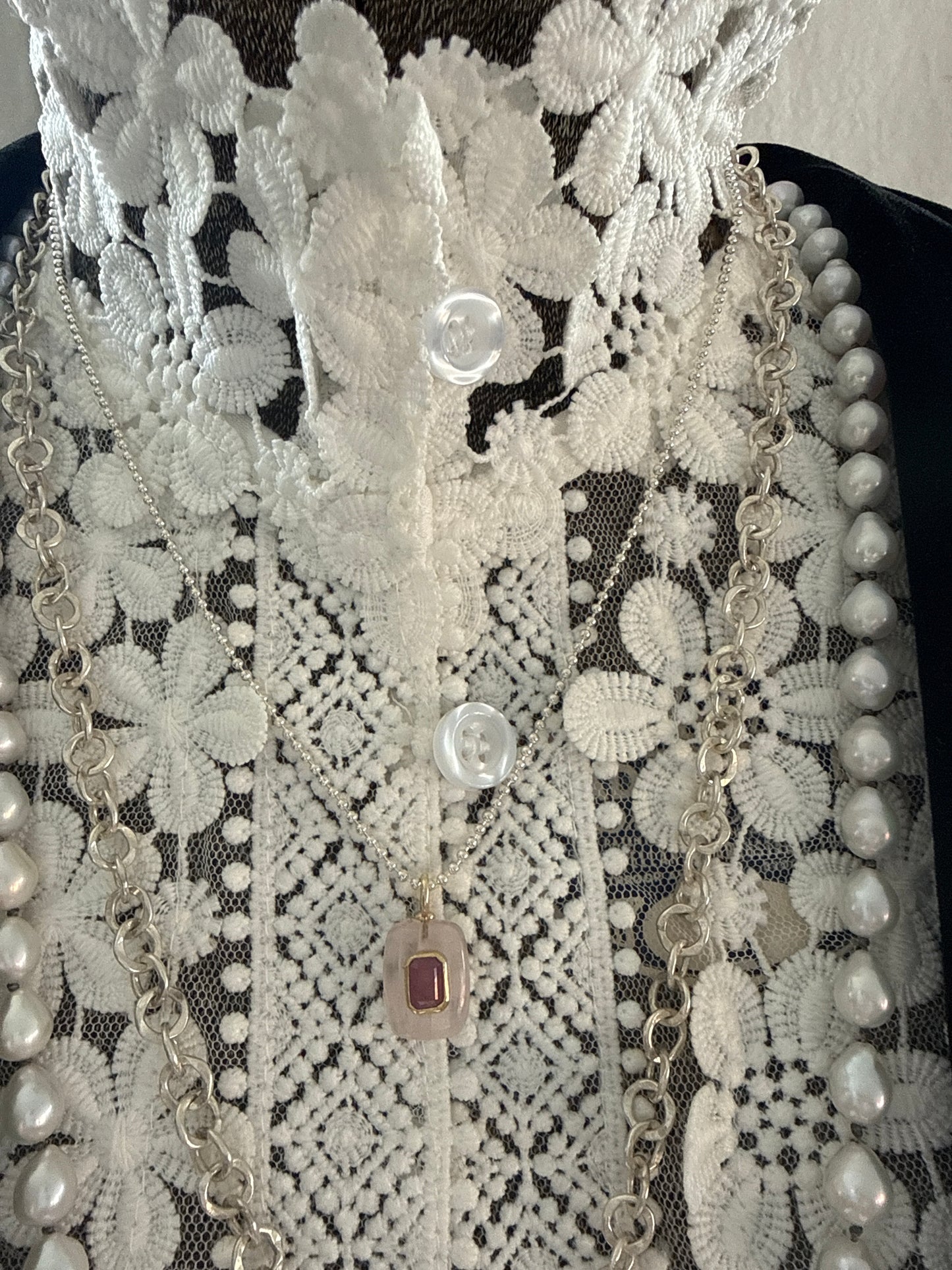 Rose quartz with pink topaz on sterling ball chain necklace. 18” long.