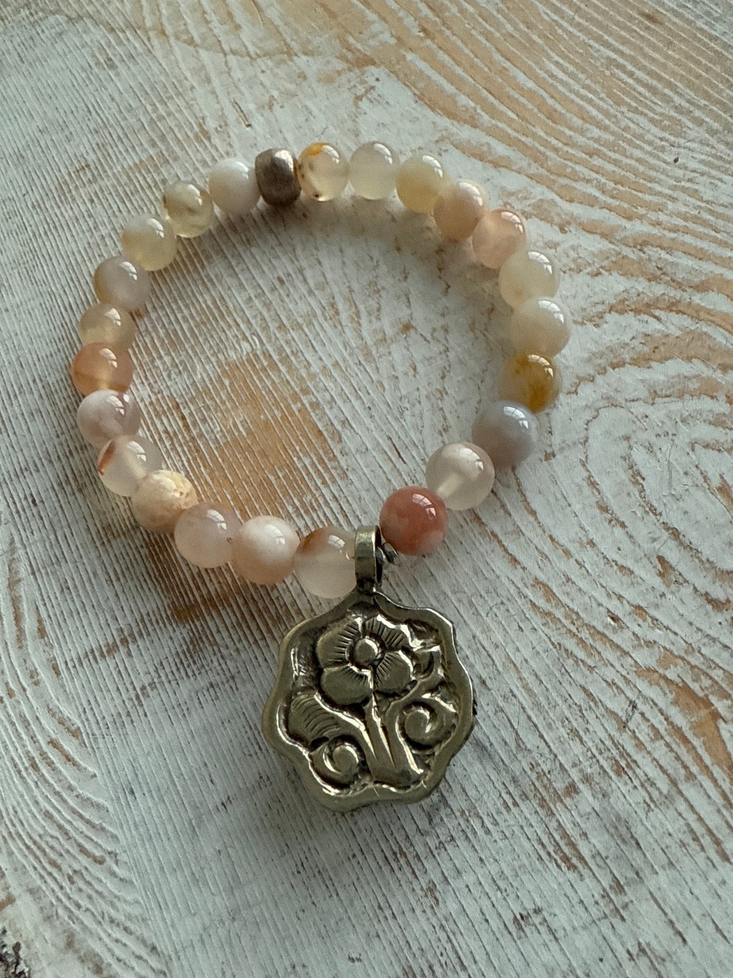 Cherry blossom agate beads with pink Peruvian Opal flower charm stack bracelet from Tibet. 7”