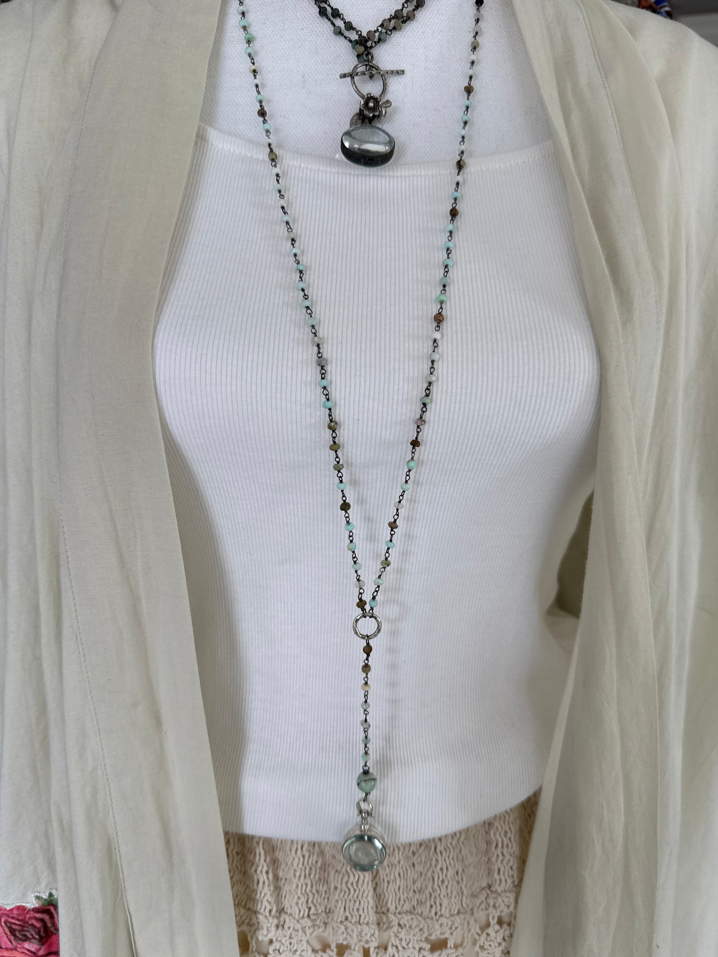 Green Peruvian Opal chain with sterling locket and fine silver ring Y necklace.