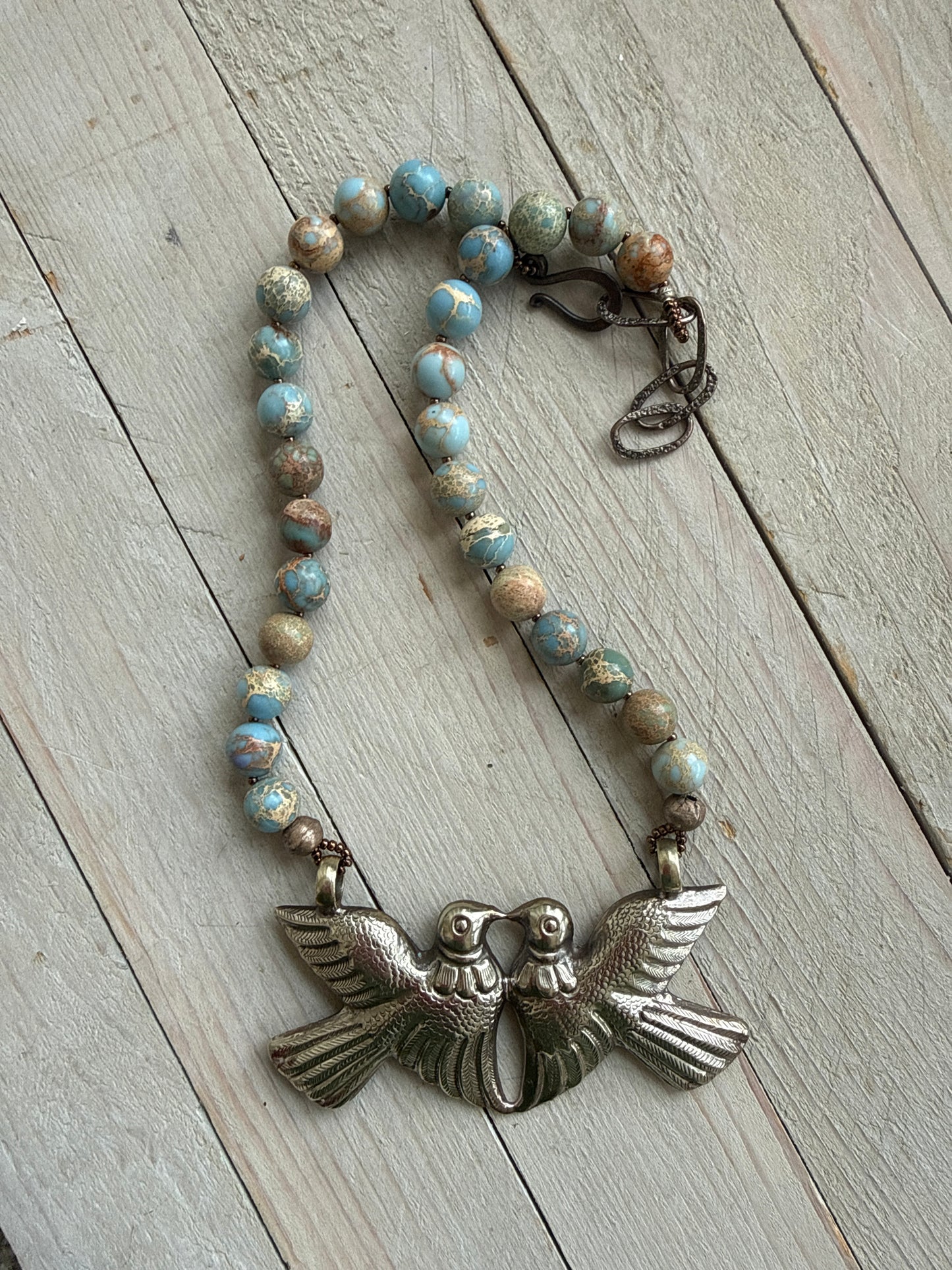 Love birds (Tibetan) on sea sediment Jasper short necklace.