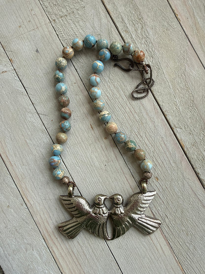 Love birds (Tibetan) on sea sediment Jasper short necklace.