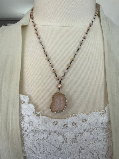 Pink druzie on faceted pink Opal wire wrapped chain adjustable necklace. 19-20”