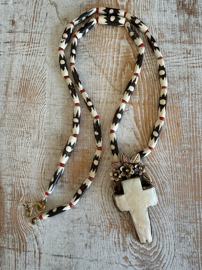 Bone cross with flowers pendant (removable) on African bone beads long necklace. 36”