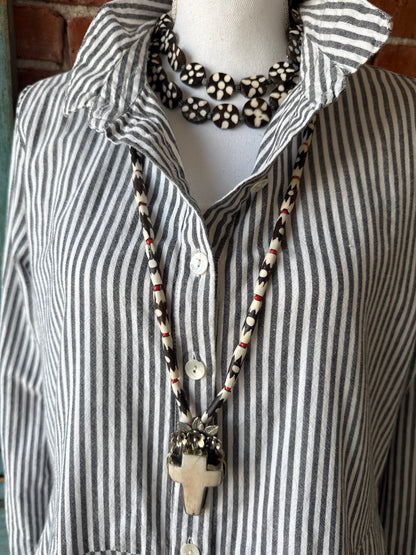 Black and cream African bone beads long necklace with fine silver toggle clasp 36”