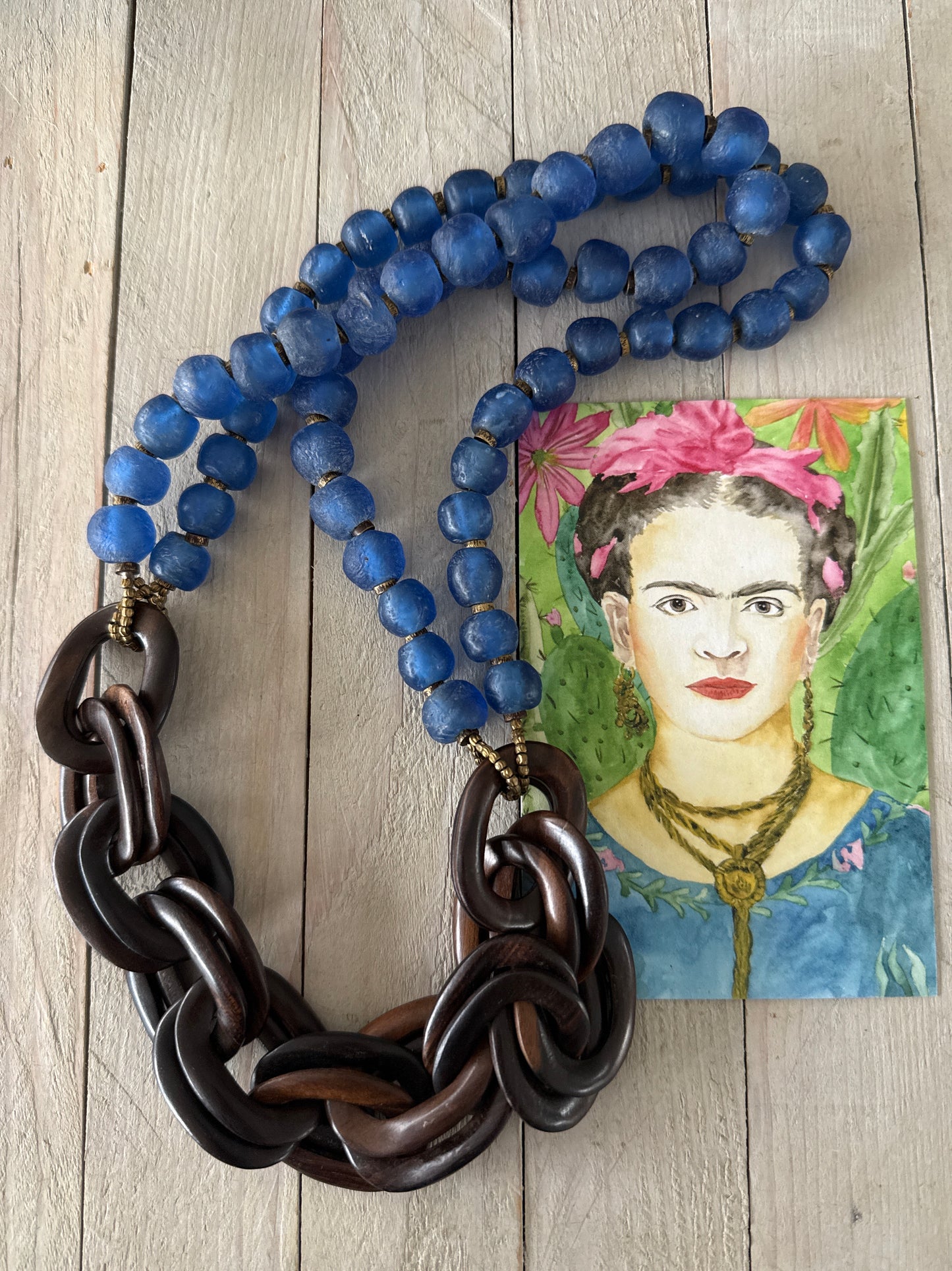 Blue Krobo glass beads with wood chain necklace.