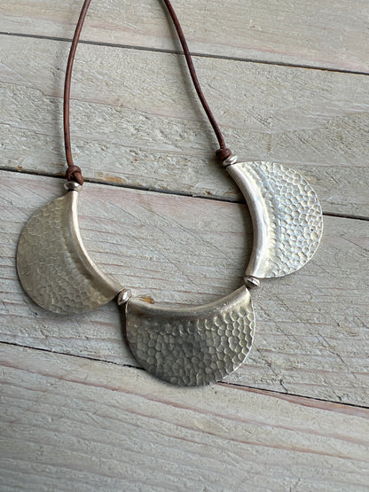 Hammered fine silver moons on leather. Boho necklace.