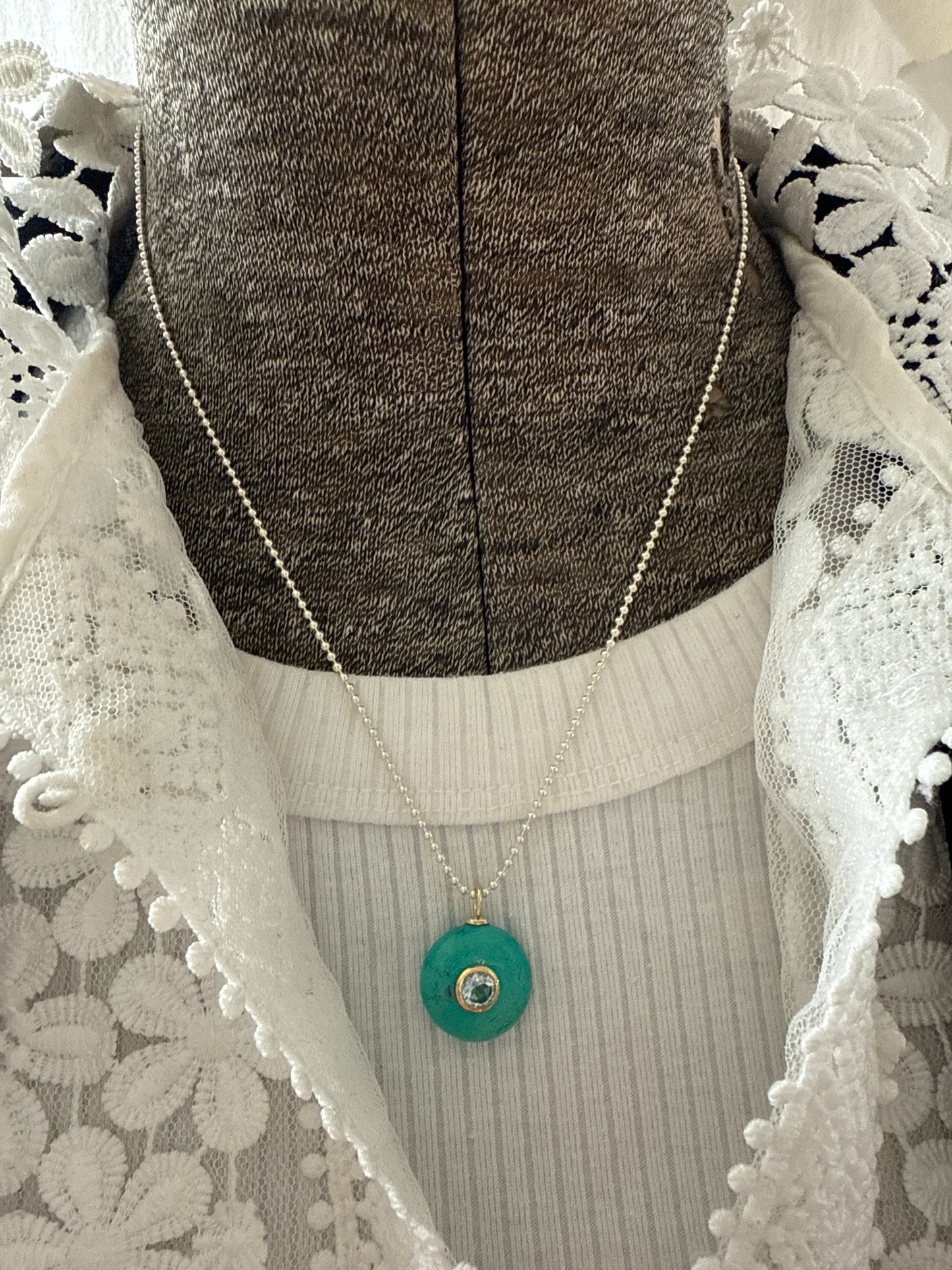 Turquoise with blue topaz on sterling ball chain necklace. 18”
