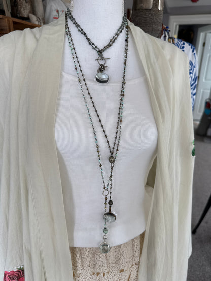 Green Peruvian Opal chain with sterling locket and fine silver ring Y necklace.