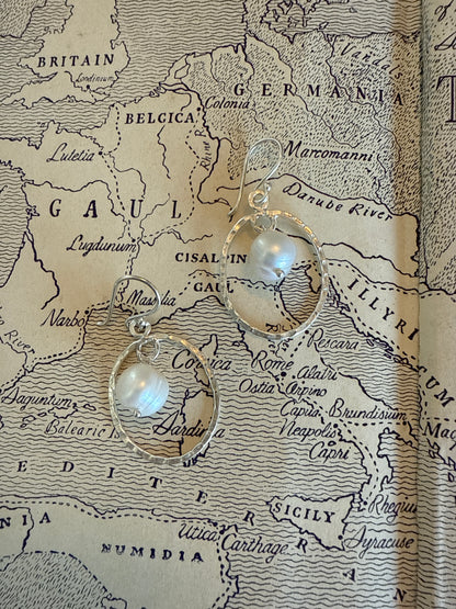 Handmade hammered fine silver hoops with pearl dangles earrings.