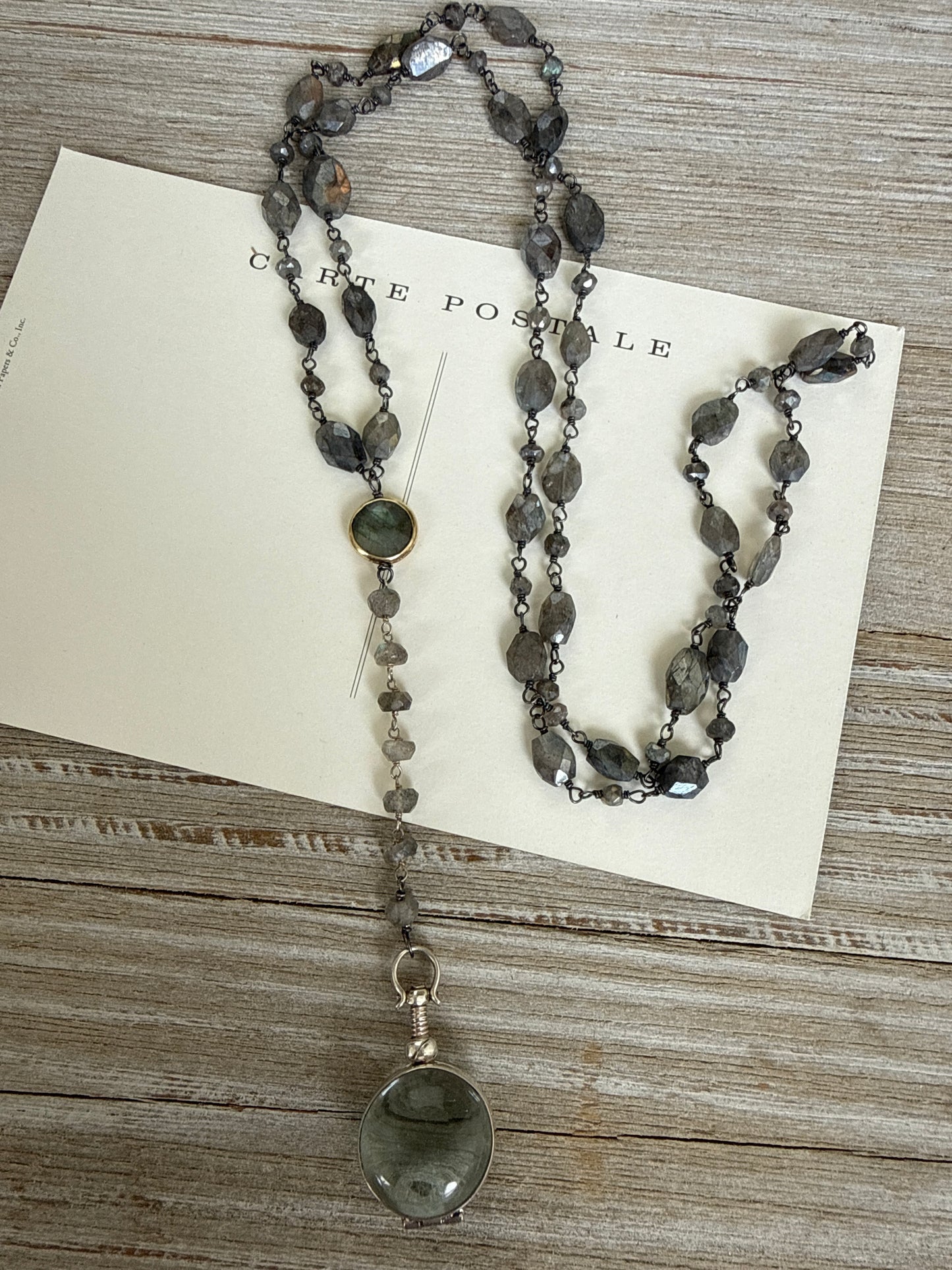 Faceted labradorite chain with labradorite in bezel and sterling silver locket Y necklace.
