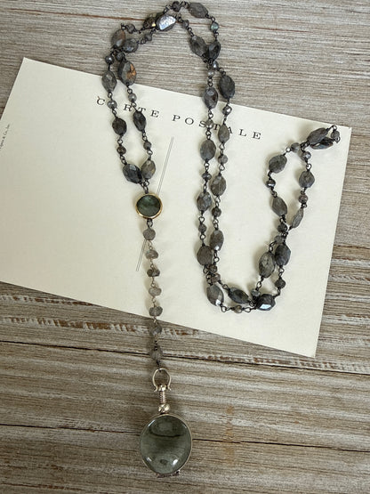 Faceted labradorite chain with labradorite in bezel and sterling silver locket Y necklace.