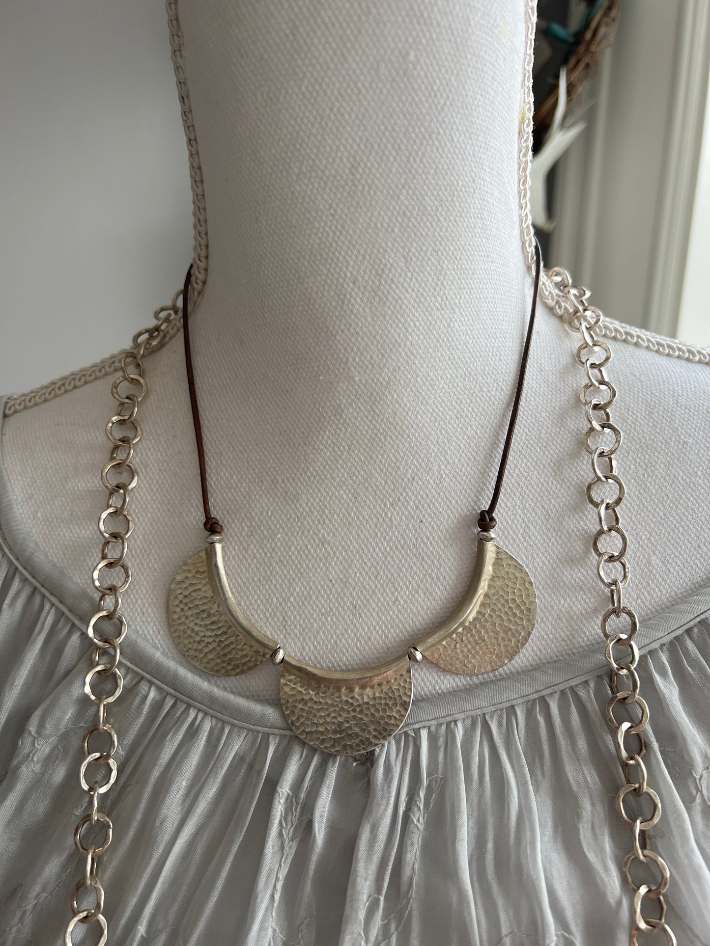 Hammered fine silver moons on leather. Boho necklace.