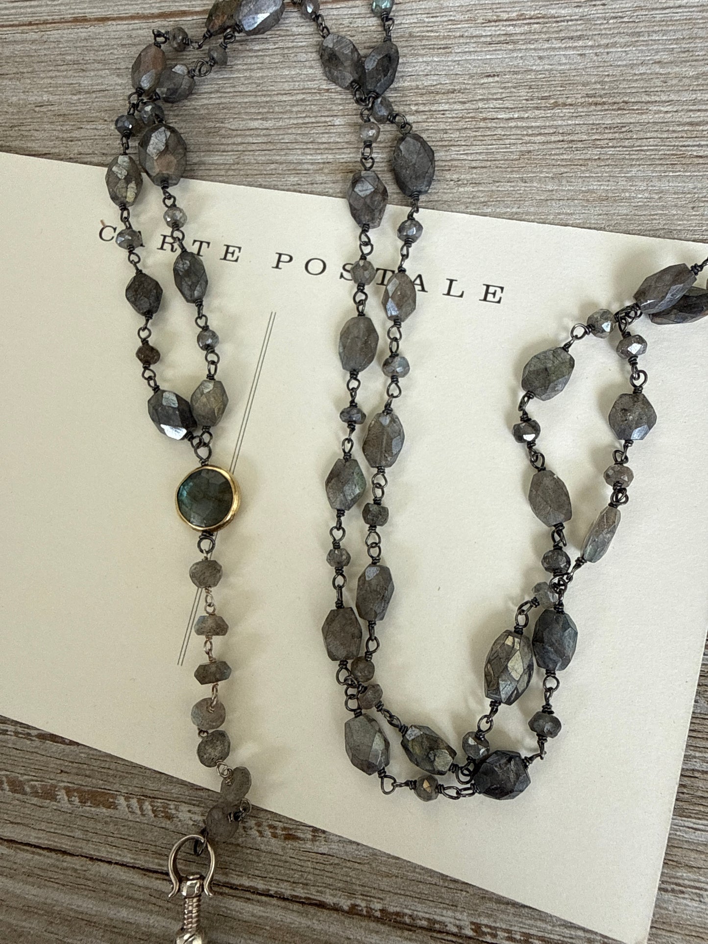 Faceted labradorite chain with labradorite in bezel and sterling silver locket Y necklace.