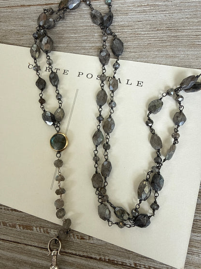 Faceted labradorite chain with labradorite in bezel and sterling silver locket Y necklace.