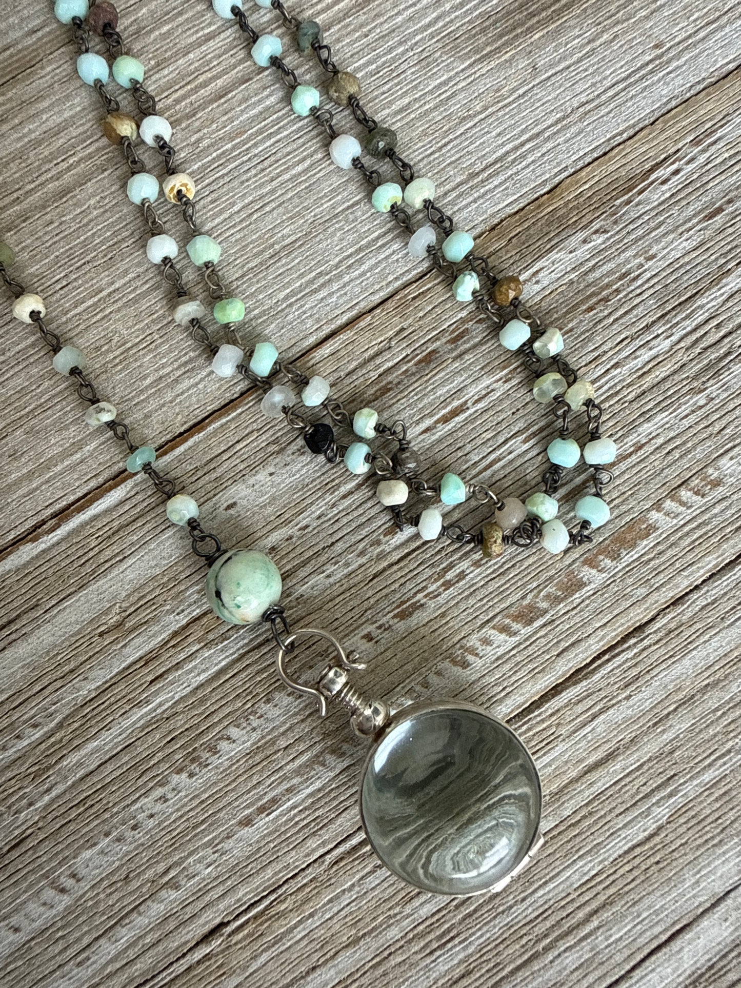 Green Peruvian Opal chain with sterling locket and fine silver ring Y necklace.