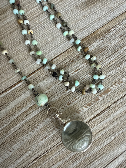 Green Peruvian Opal chain with sterling locket and fine silver ring Y necklace.