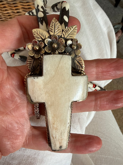 Bone cross with flowers pendant (removable) on African bone beads long necklace. 36”