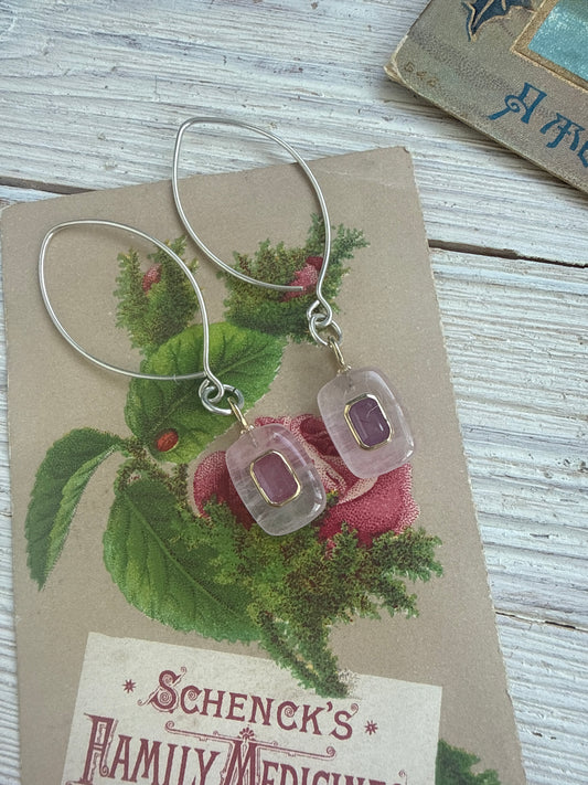 Rose quartz with pink topaz inlay on sterling earrings.