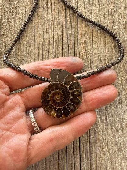 Ammonite fossil on chocolate pyrite necklace. 17.5-19”