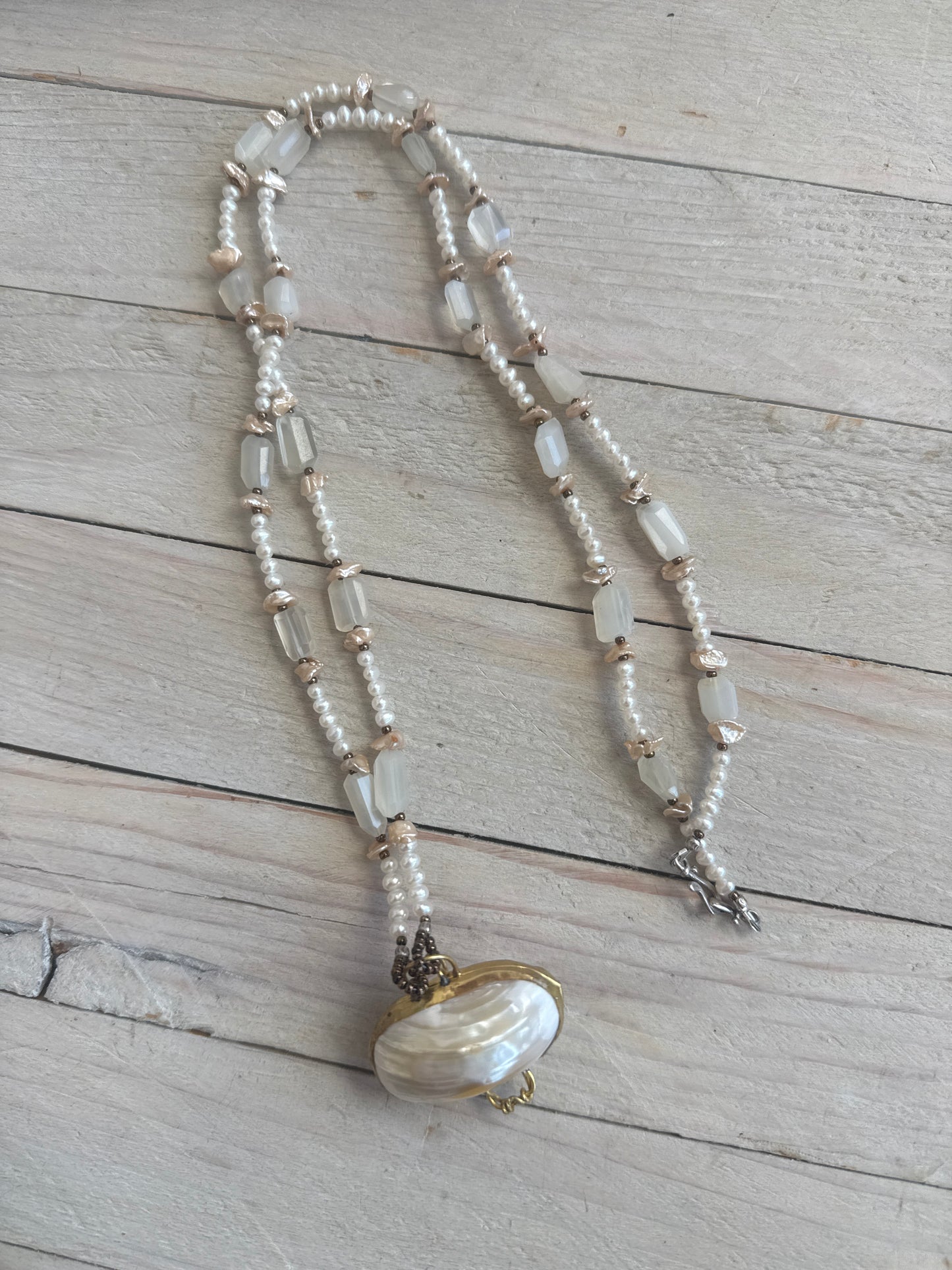 White shell pendant with moonstone and natural pearl necklace.