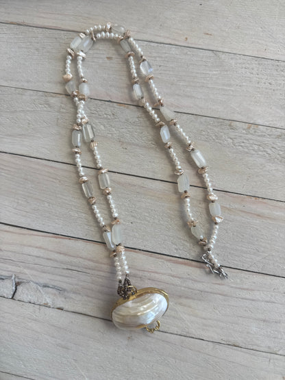 White shell pendant with moonstone and natural pearl necklace.