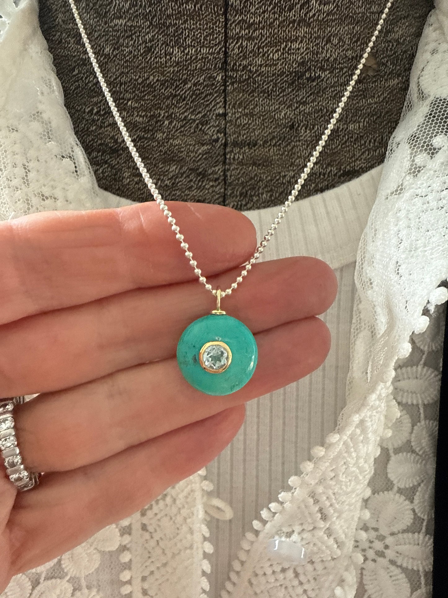Turquoise with blue topaz on sterling ball chain necklace. 18”