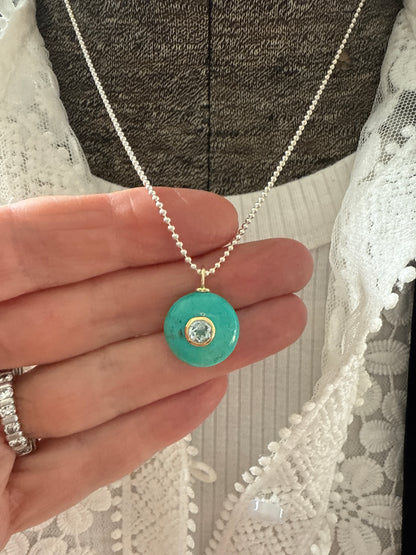 Turquoise with blue topaz on sterling ball chain necklace. 18”