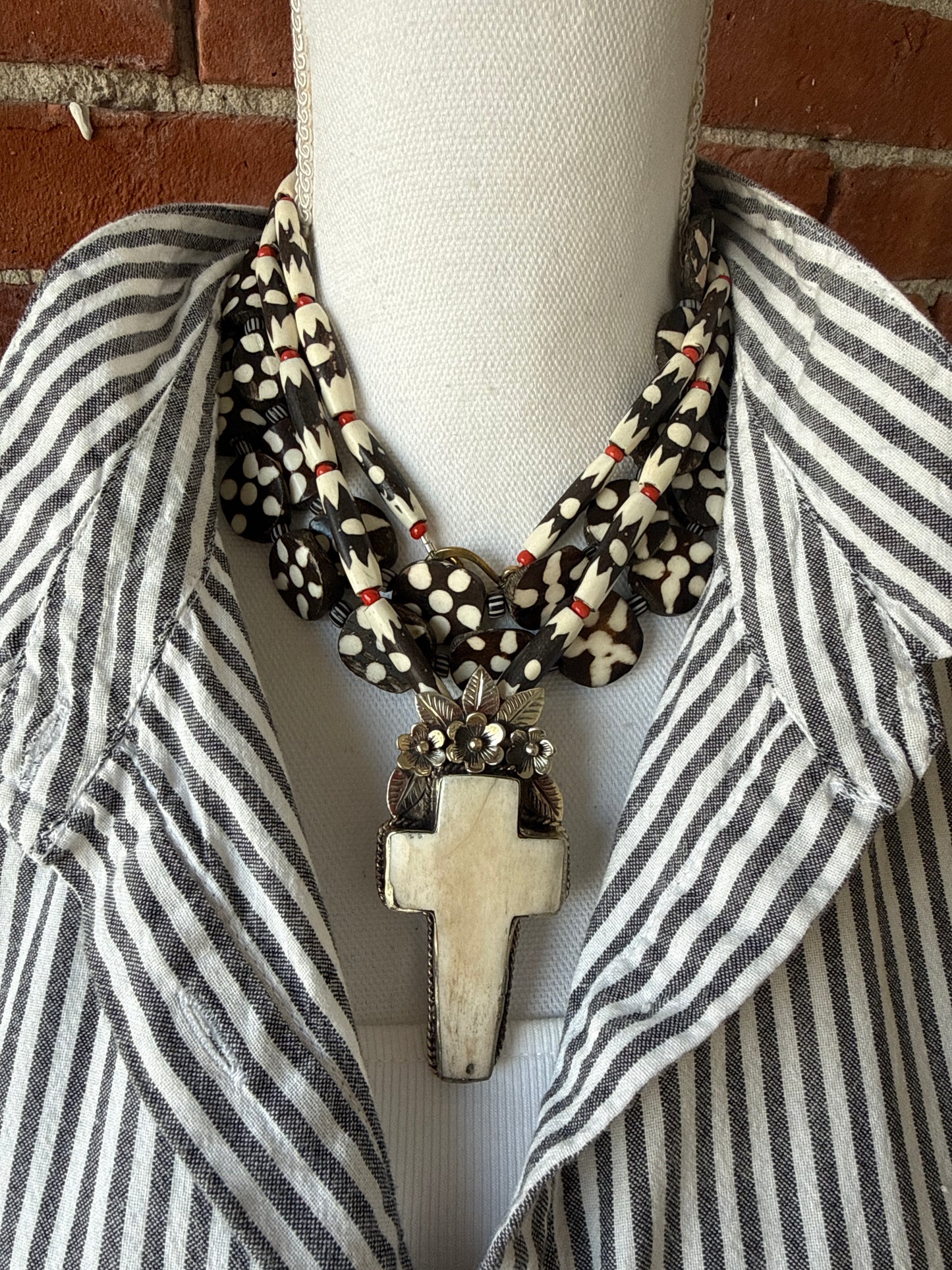 Bone cross with flowers pendant (removable) on African bone beads long necklace. 36”