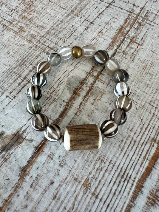 Striped neutral Dzi agates stretch stack bracelet. 6-7”.