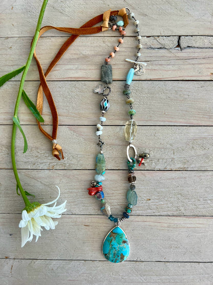 Turquoise teardrop on assorted gemstones adjustable boho luxe necklace.