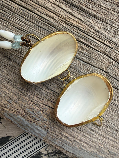 Vintage shell ring box pendant with MOP, pearls, aquamarine, apatite, and pyrite necklace.