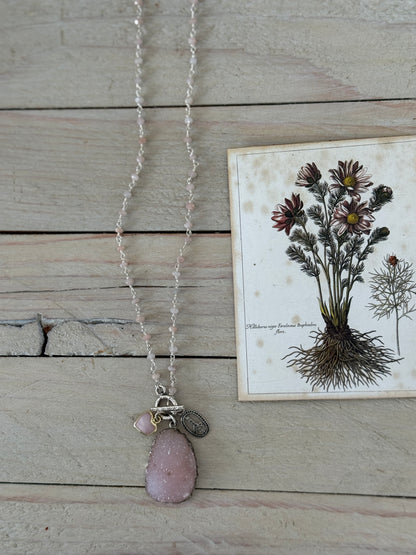 Pink druzie on rose quartz chain. Sterling peace sign and opal heart charm necklace.