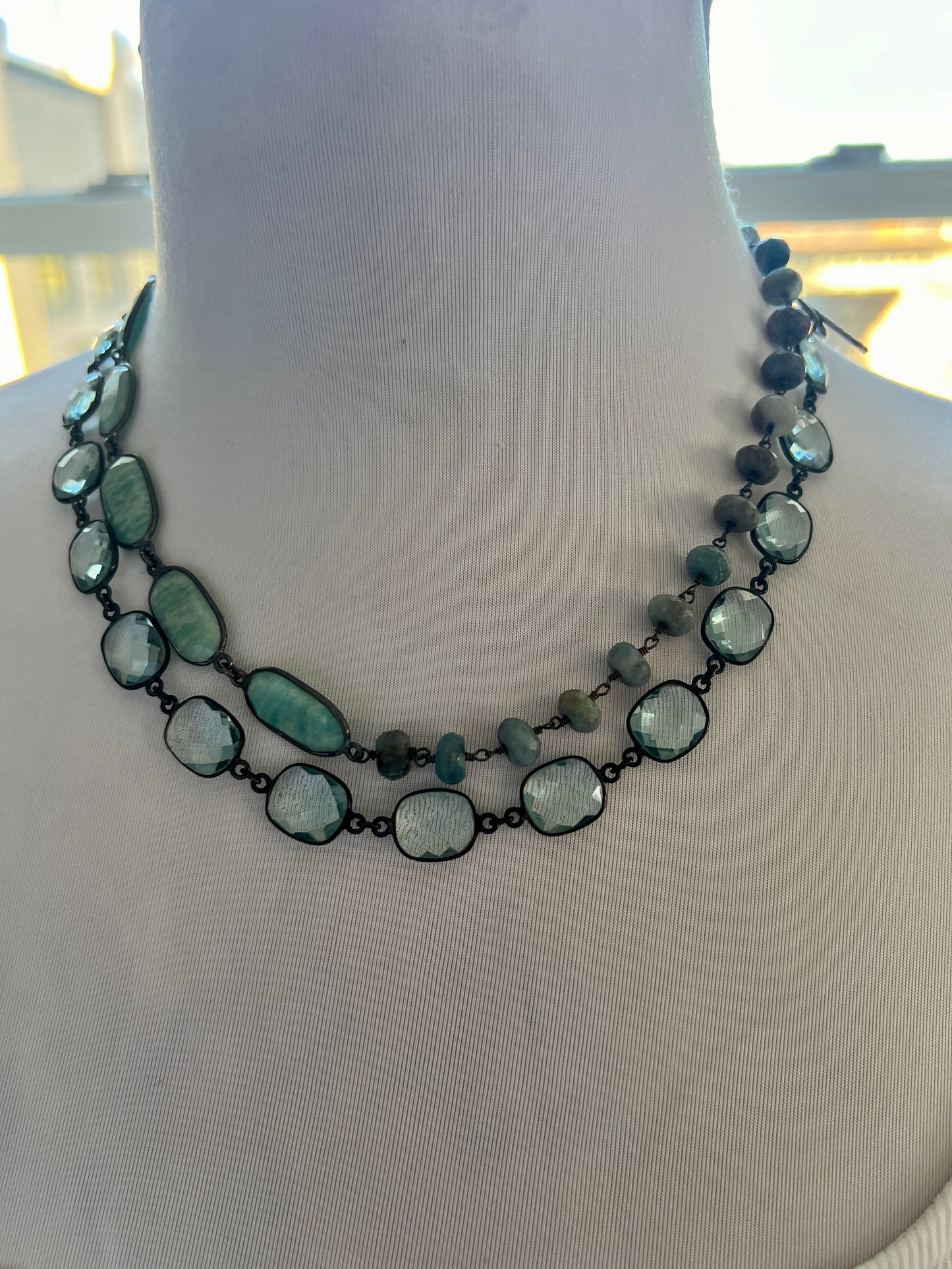 Beautiful aqua mix of green silverite, aqua crystal quartz, and Amazonite stones long necklace. 38”