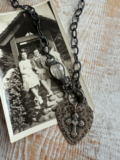 Sterling silver heart with cross pendant on oxidized sterling chain with soldered crystal connector necklace. 17”